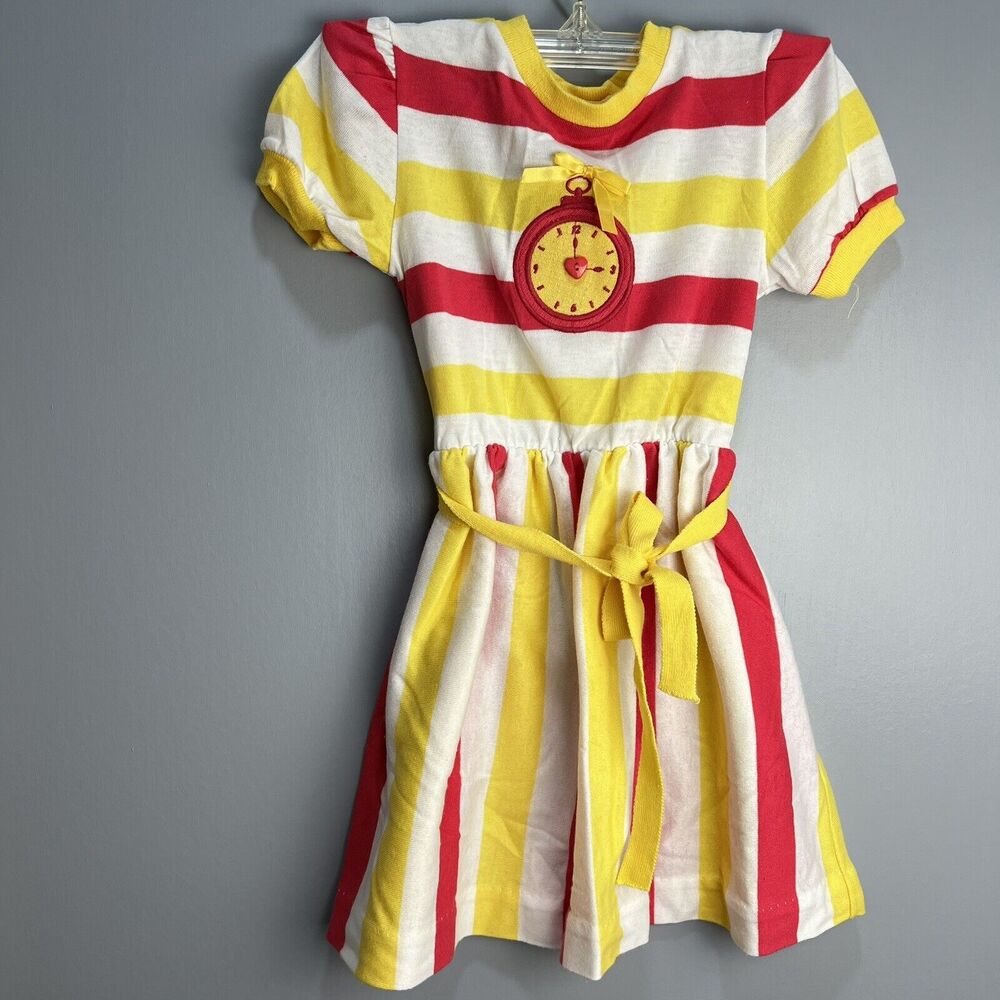Health-Tex Vintage Yellow Pink Stripe Clock Dress Girls size 6 made In USA